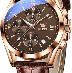 OLEVS Men's Casual Leather Watch, Big Face Chronograph Watch for Men,